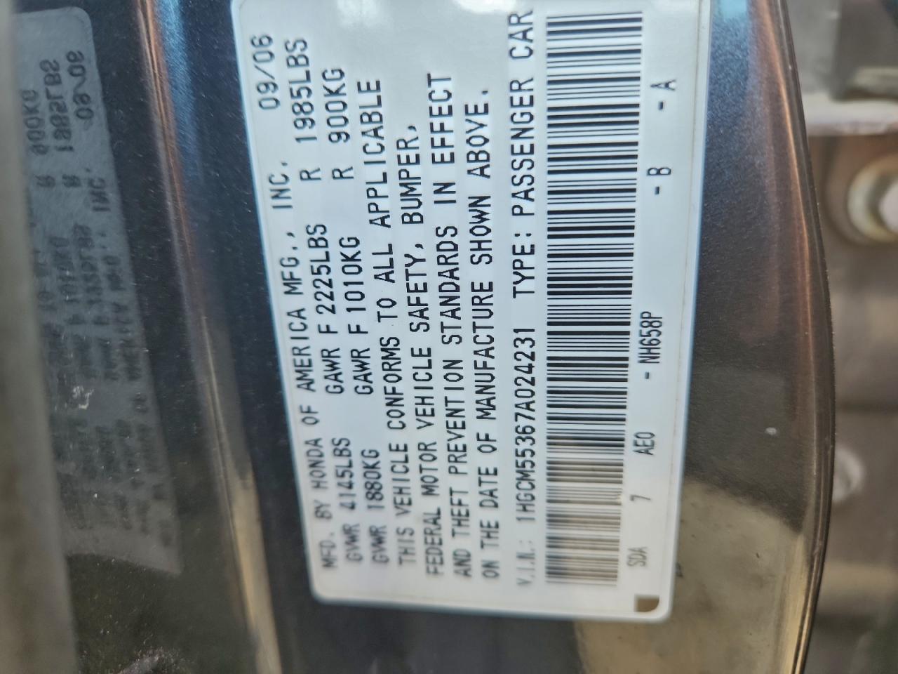 2007 Honda Accord Se VIN: 1HGCM55367A024231 Lot: 93721485