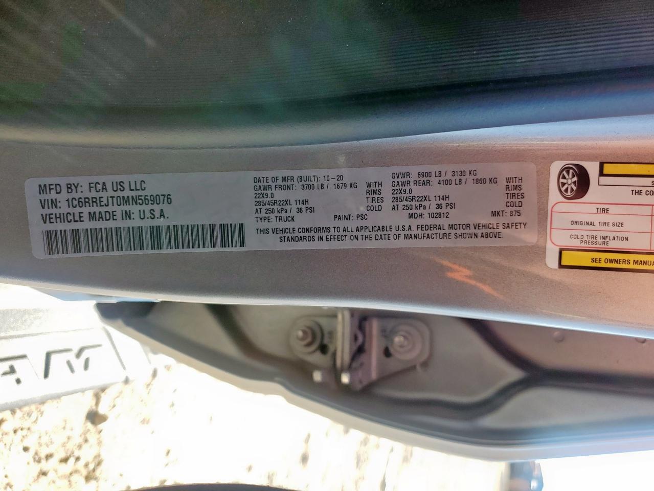 2021 Ram 1500 Laramie VIN: 1C6RREJT0MN569076 Lot: 91819715