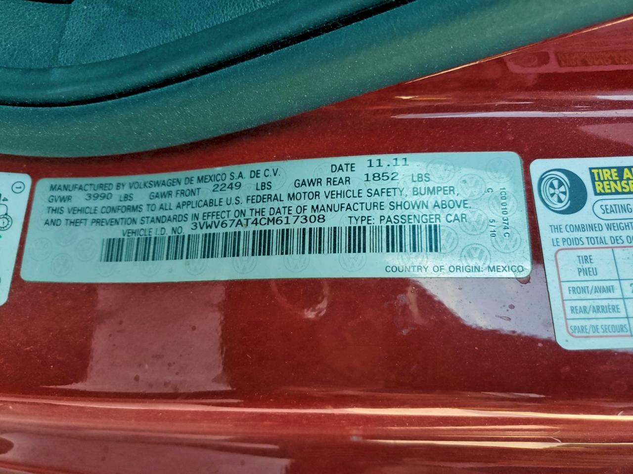 2012 Volkswagen Beetle Turbo VIN: 3VWV67AT4CM617308 Lot: 94086465