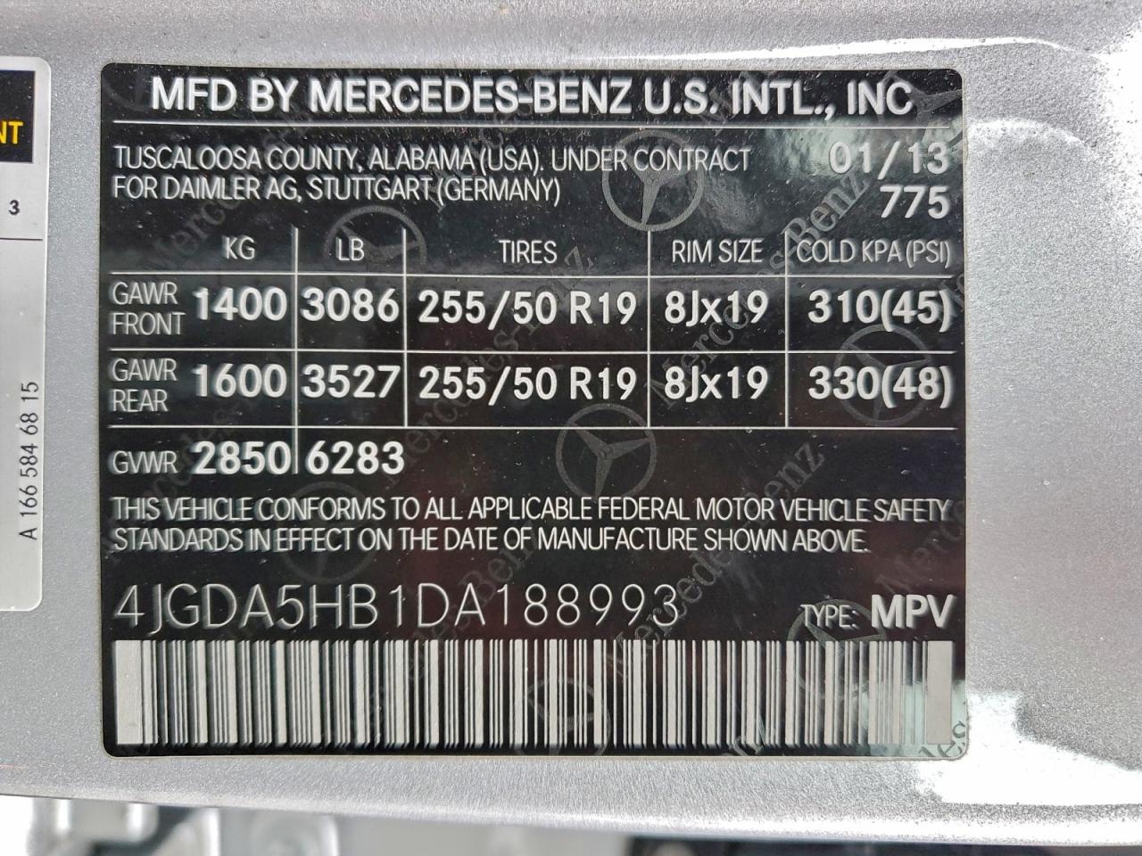 2013 Mercedes-Benz Ml 350 4Matic VIN: 4JGDA5HB1DA188993 Lot: 93896065