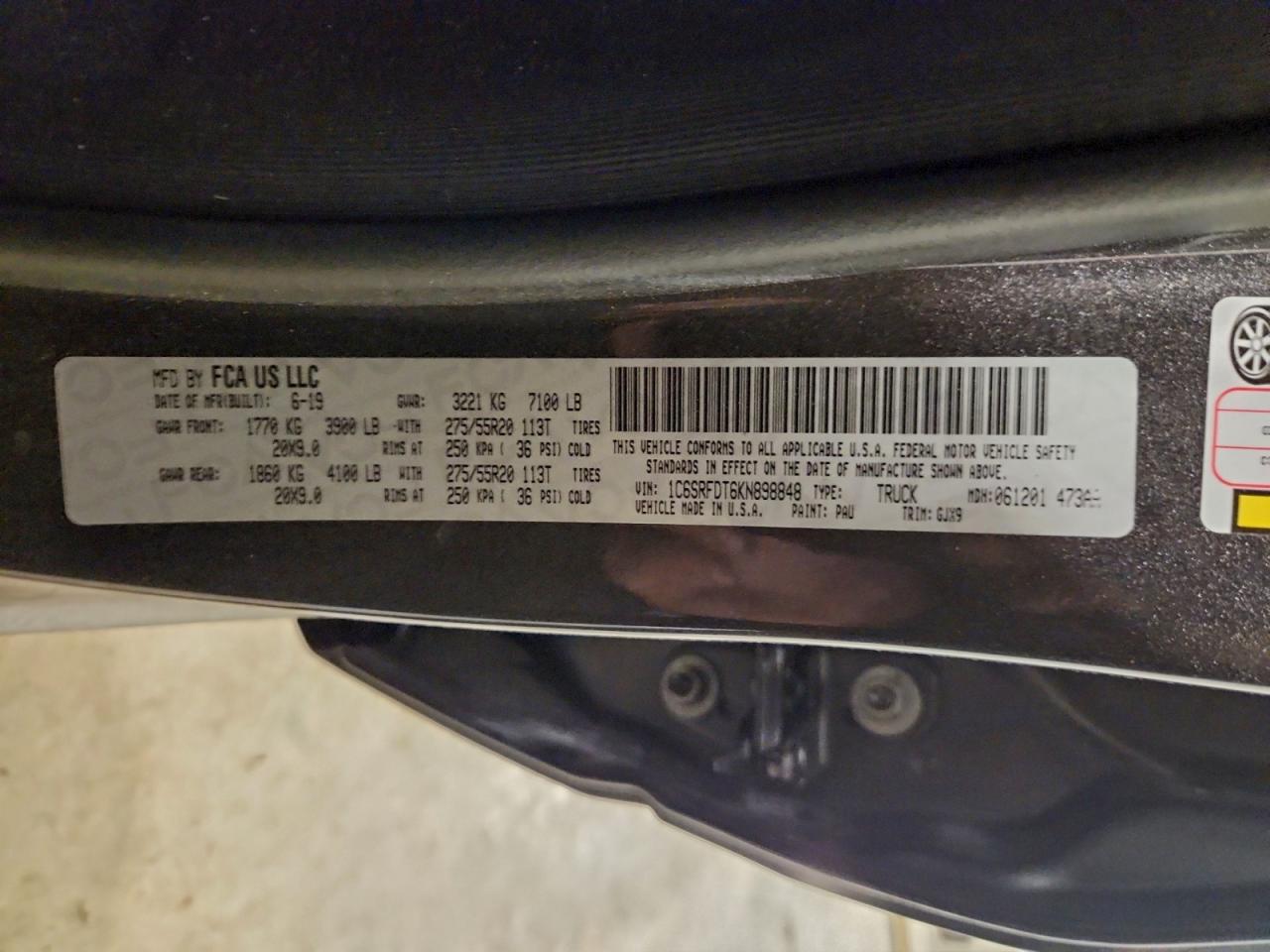 2019 Ram 1500 Laramie VIN: 1C6SRFDT6KN898848 Lot: 93852865