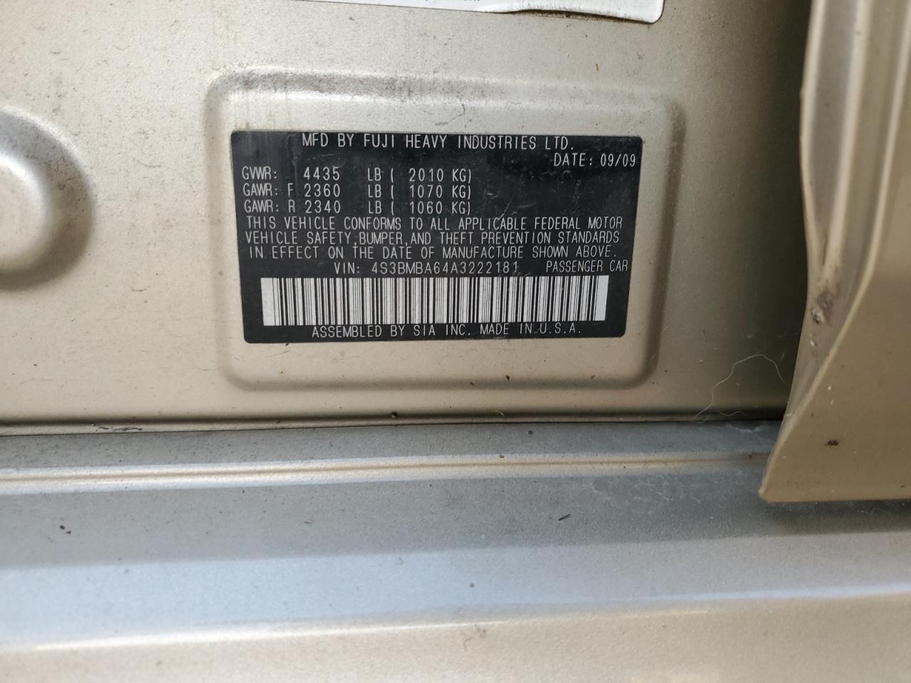 2010 Subaru Legacy 2.5I VIN: 4S3BMBA64A3222181 Lot: 91256595