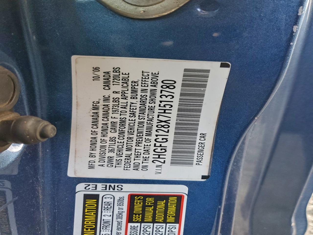 2007 Honda Civic Ex VIN: 2HGFG128X7H513780 Lot: 94388735