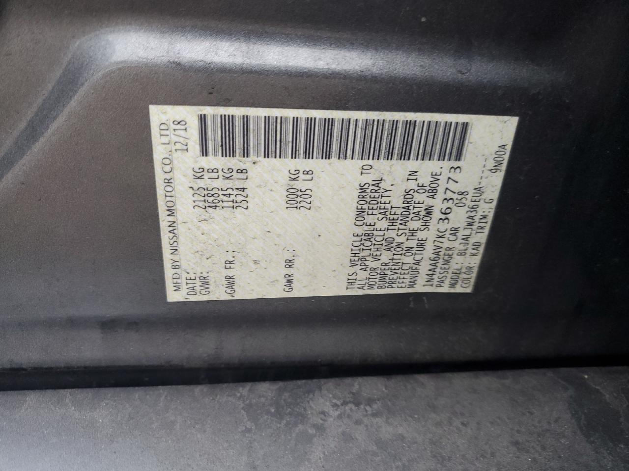 2019 Nissan Maxima S VIN: 1N4AA6AV7KC363773 Lot: 93038385