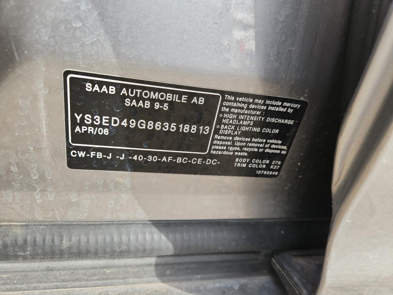 2006 Saab 9-5 Base VIN: YS3ED49G863518813 Lot: 92653805