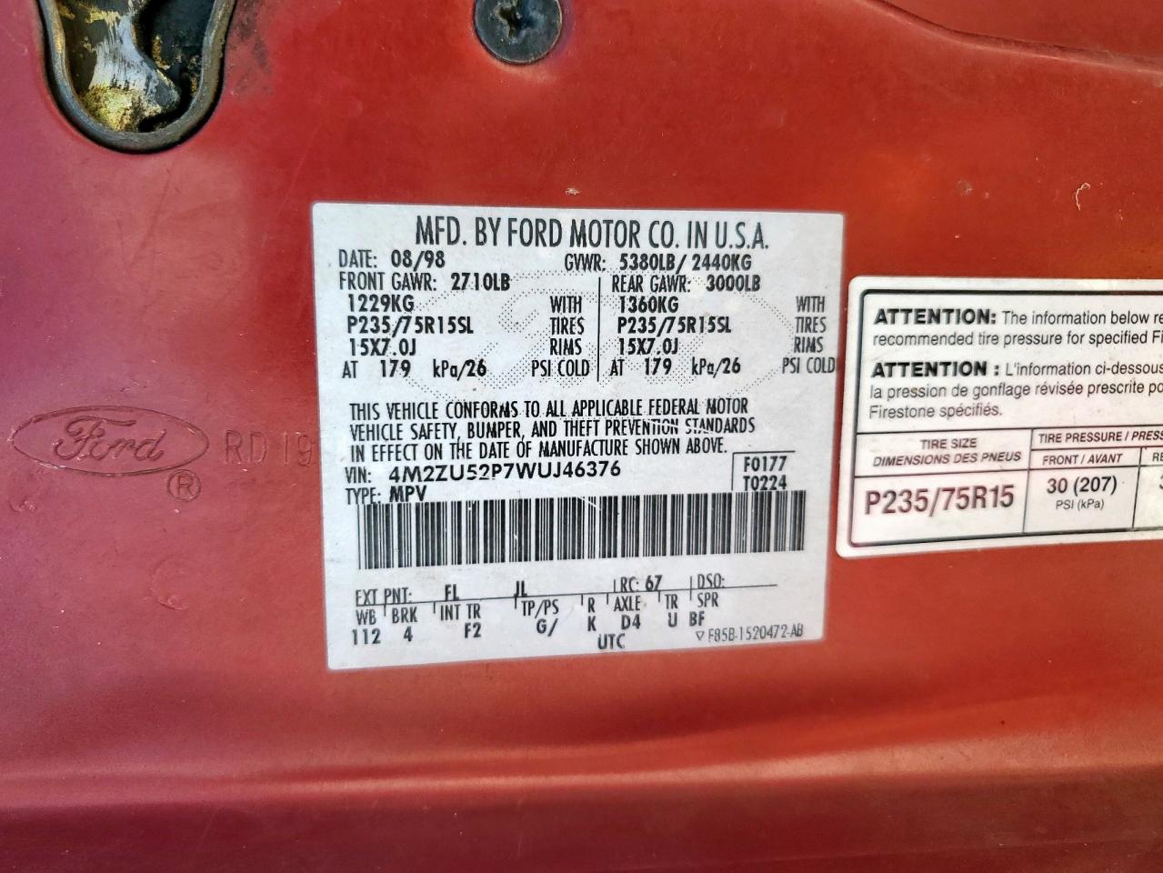 1998 Mercury Mountaineer VIN: 4M2ZU52P7WUJ46376 Lot: 91373565