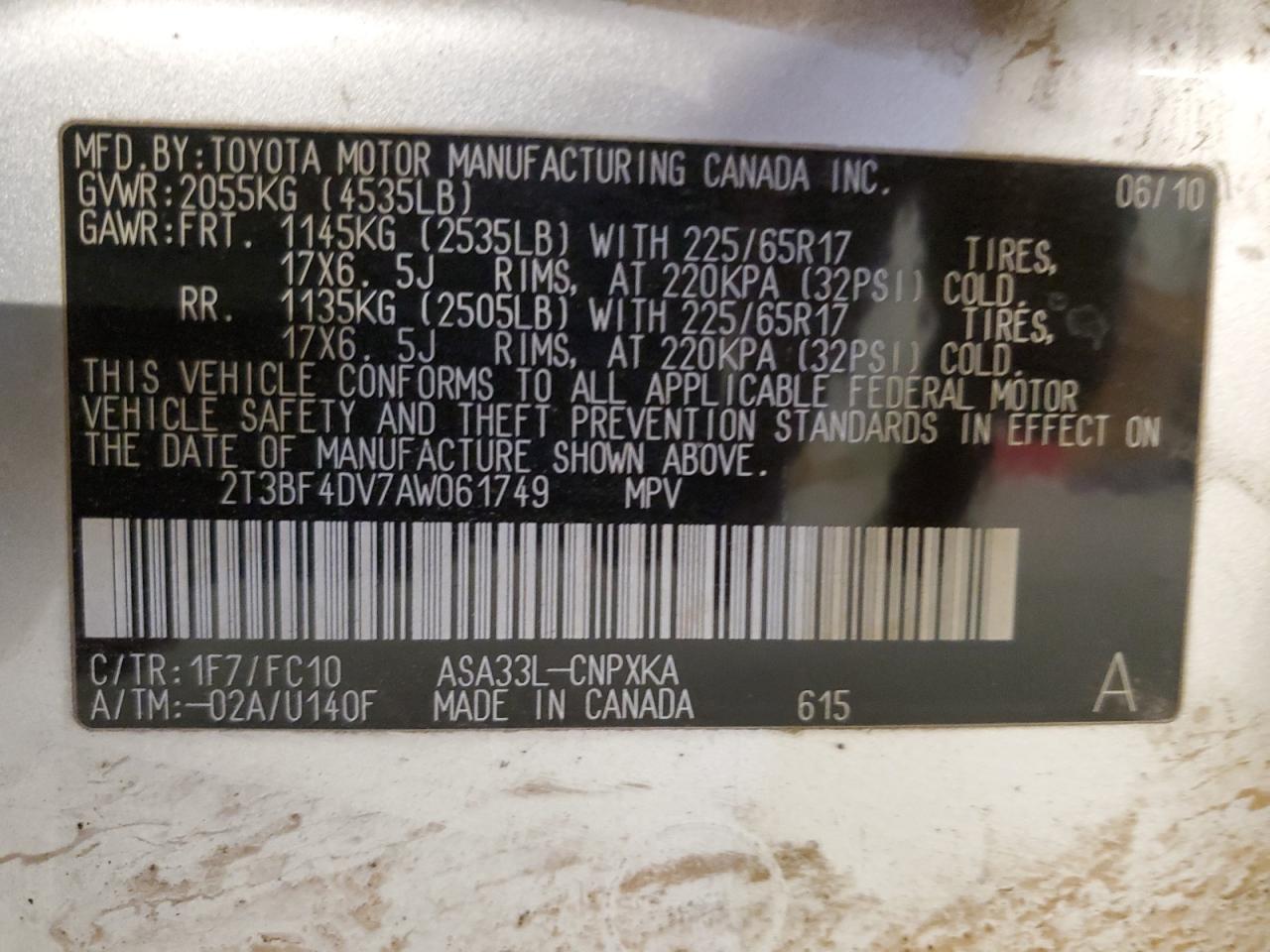 2010 Toyota Rav4 VIN: 2T3BF4DV7AW061749 Lot: 91502605