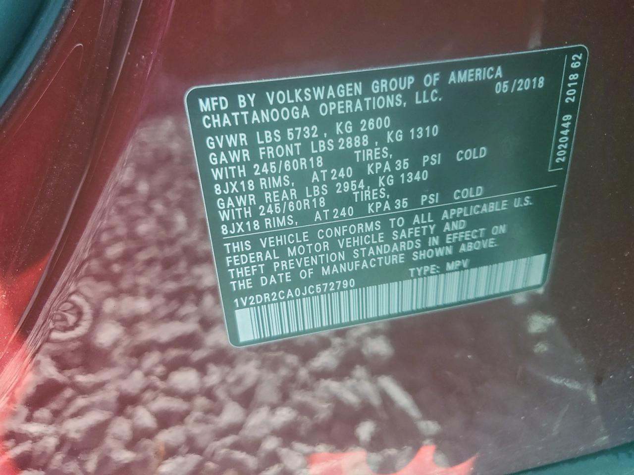 2018 Volkswagen Atlas Se VIN: 1V2DR2CA0JC572790 Lot: 94496785