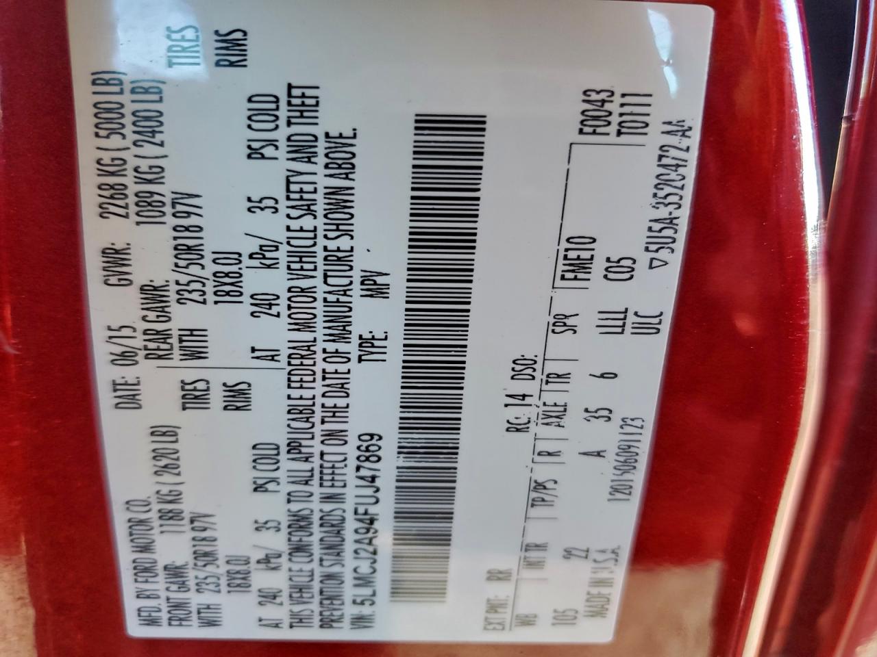 2015 Lincoln Mkc VIN: 5LMCJ2A94FUJ47869 Lot: 93496795