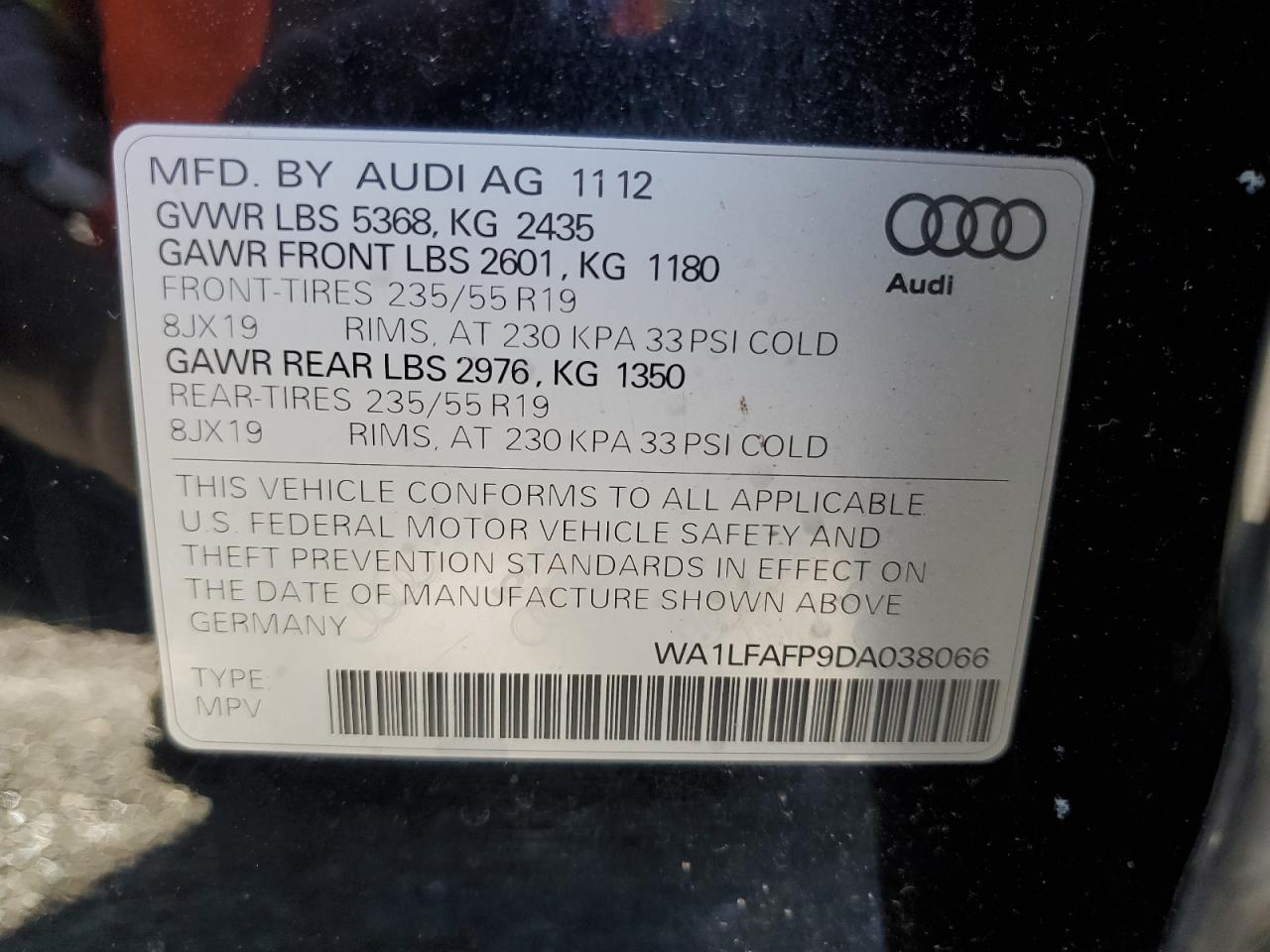 2013 Audi Q5 Premium Plus VIN: WA1LFAFP9DA038066 Lot: 85416235