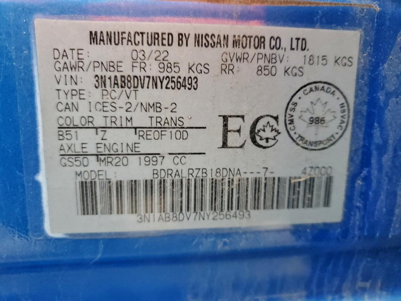 2022 Nissan Sentra Sr VIN: 3N1AB8DV7NY256493 Lot: 95233595