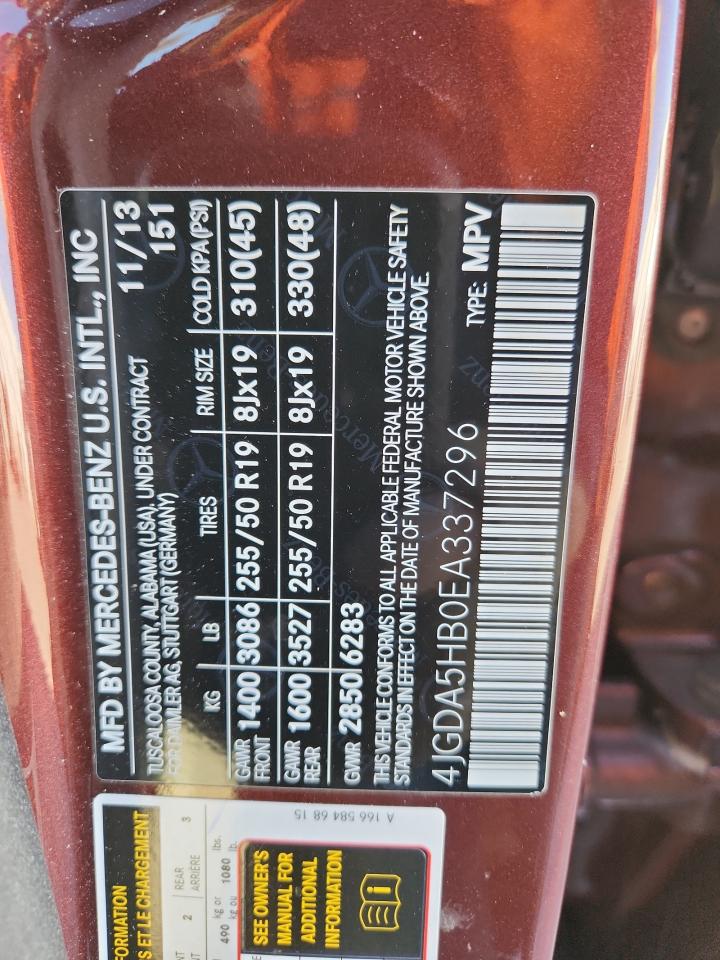 2014 Mercedes-Benz Ml 350 4Matic VIN: 4JGDA5HB0EA337296 Lot: 91658455