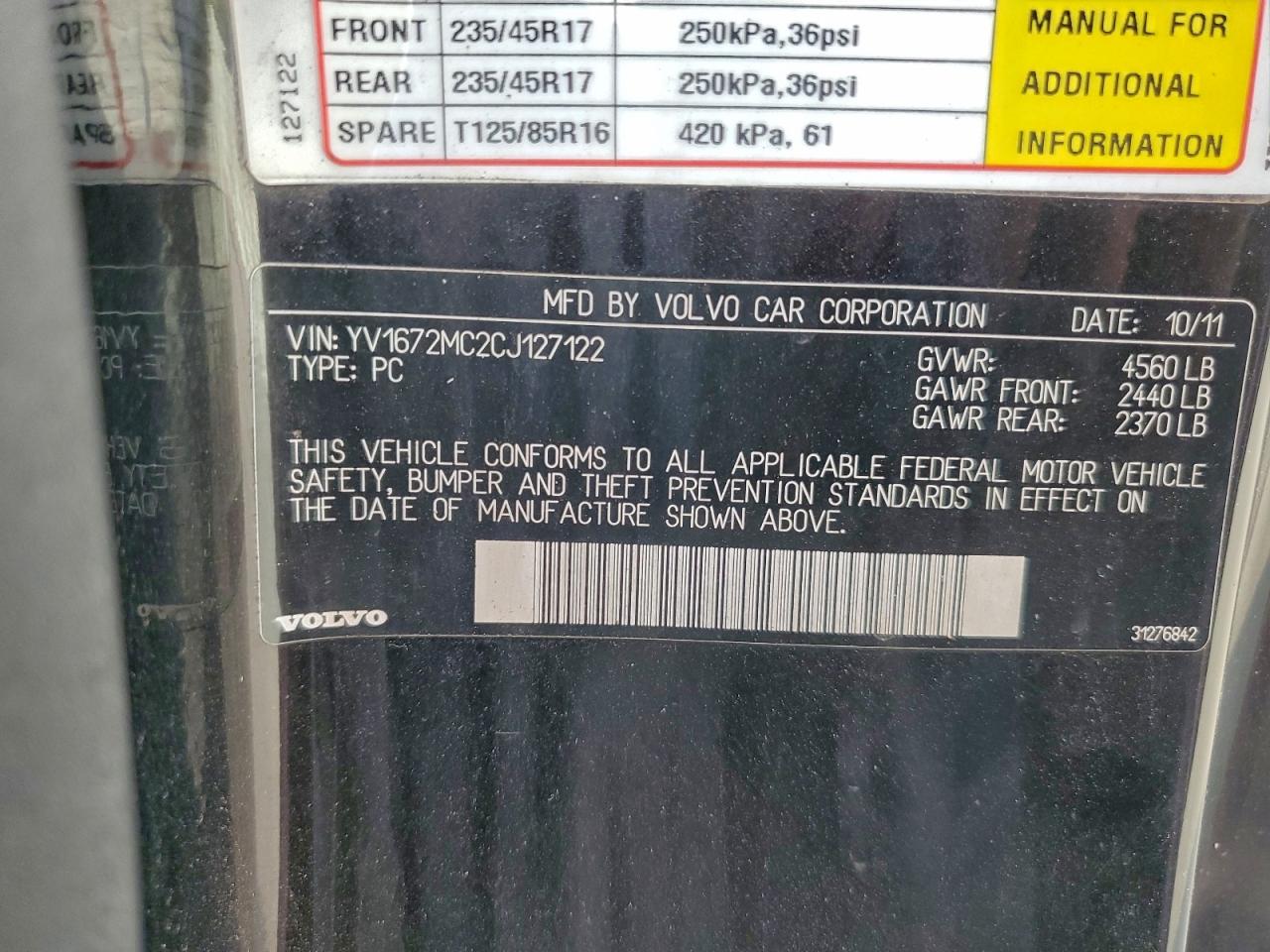 2012 Volvo C70 T5 VIN: YV1672MC2CJ127122 Lot: 94514255