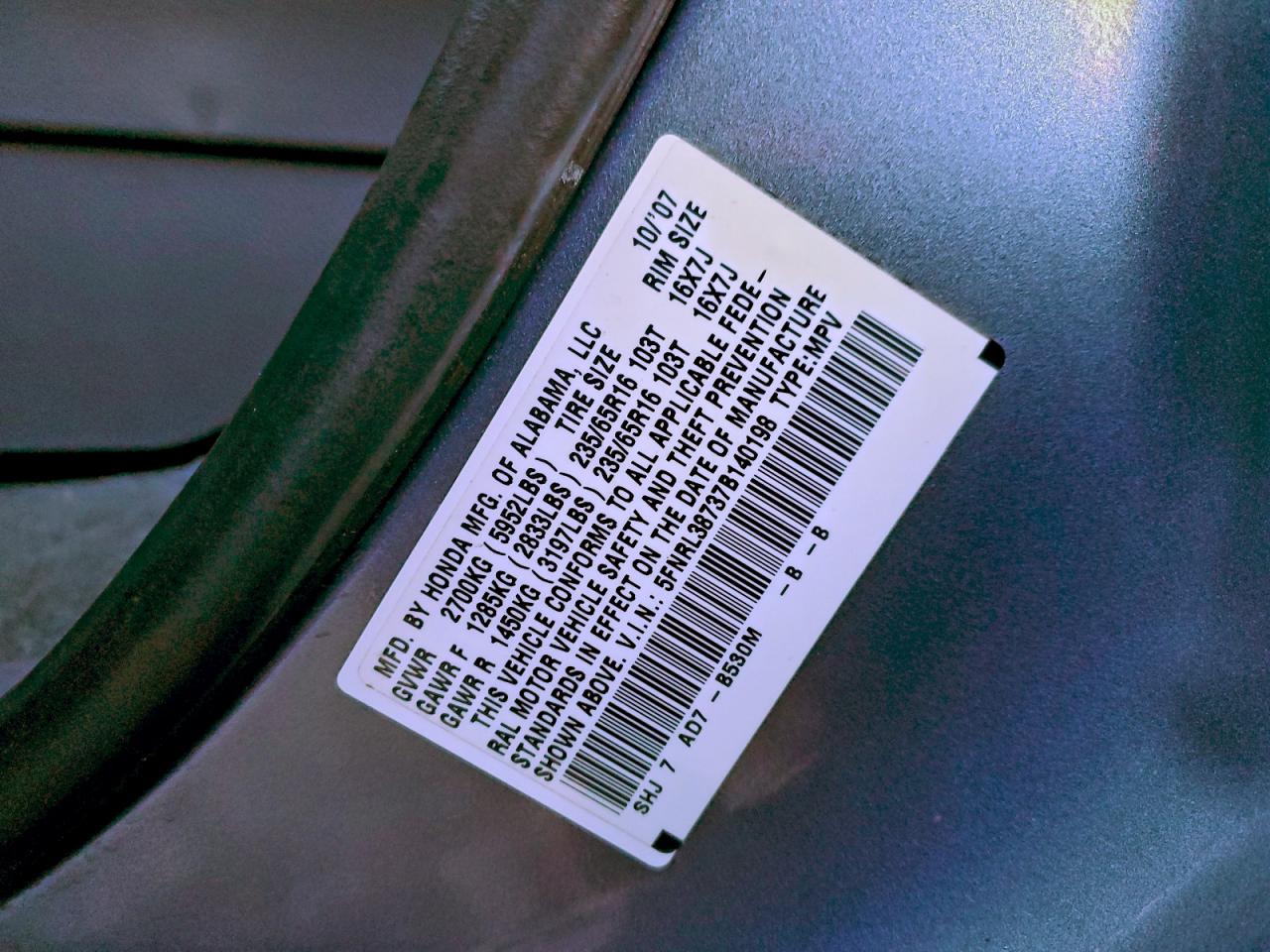 2007 Honda Odyssey Exl VIN: 5FNRL38737B140198 Lot: 94380295