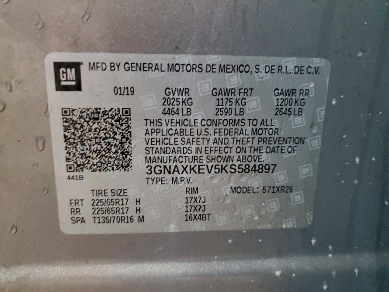 2019 Chevrolet Equinox Lt VIN: 3GNAXKEV5KS584897 Lot: 94037855