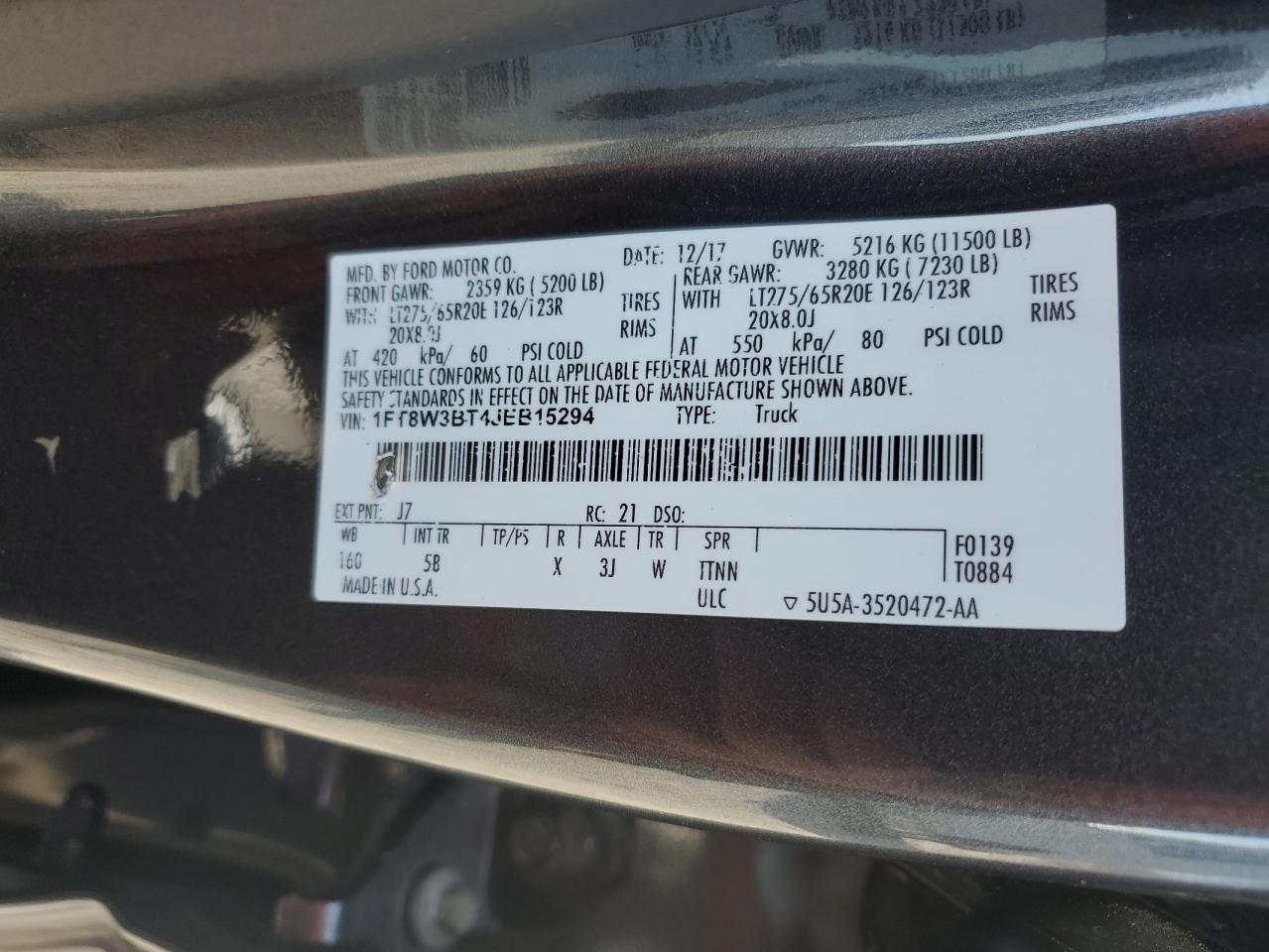 2018 Ford F350 Super Duty VIN: 1FT8W3BT4JEB15294 Lot: 91309545