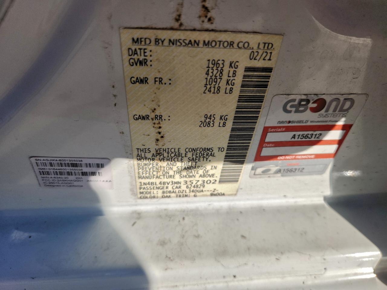 2021 Nissan Altima S VIN: 1N4BL4BV3MN357302 Lot: 94440415