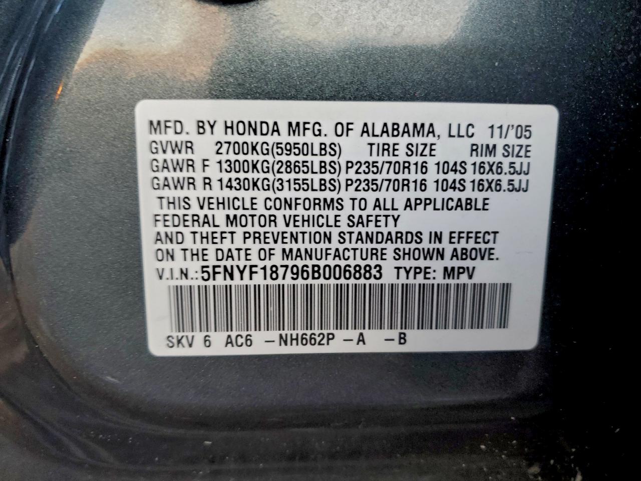 2006 Honda Pilot Ex VIN: 5FNYF18796B006883 Lot: 93874045