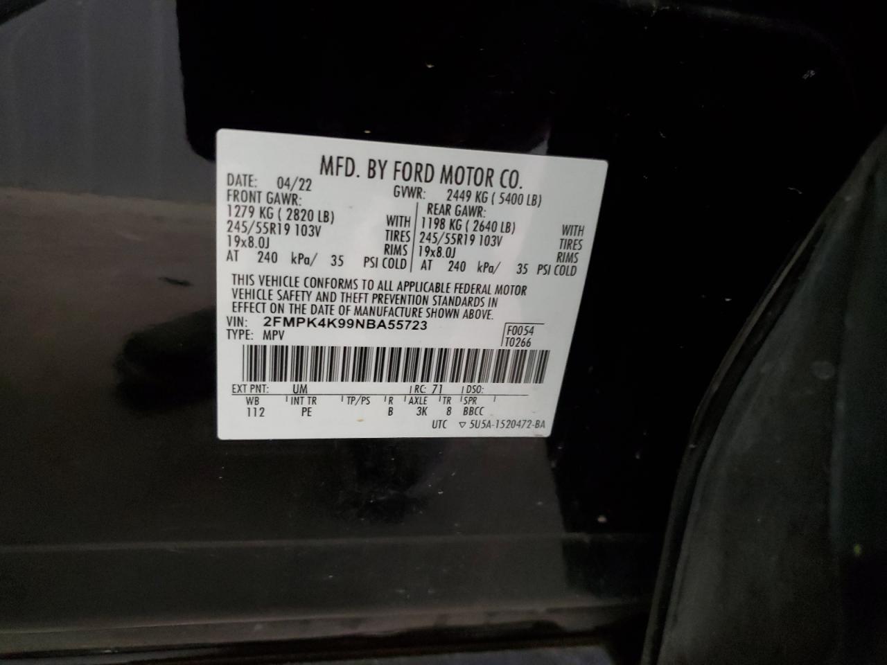 2022 Ford Edge Titanium VIN: 2FMPK4K99NBA55723 Lot: 94037615