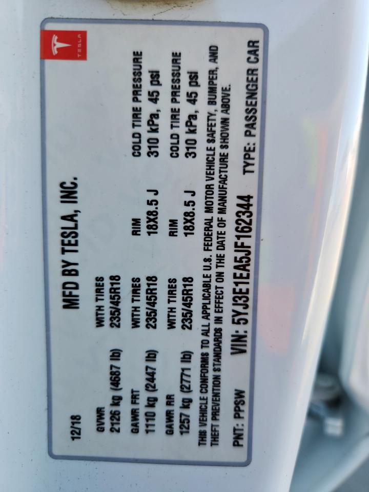 2018 Tesla Model 3 VIN: 5YJ3E1EA5JF162344 Lot: 92219225
