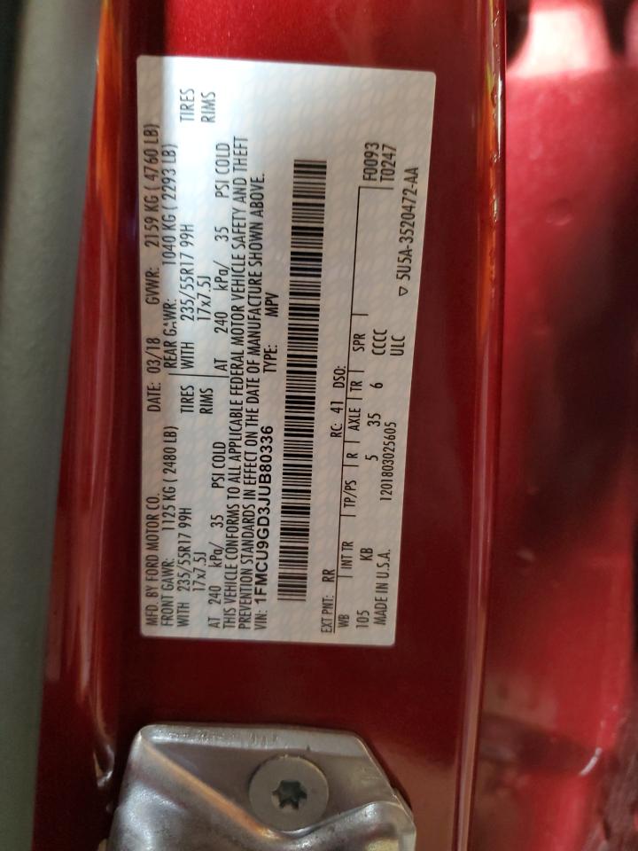 2018 Ford Escape Se VIN: 1FMCU9GD3JUB80336 Lot: 92598255