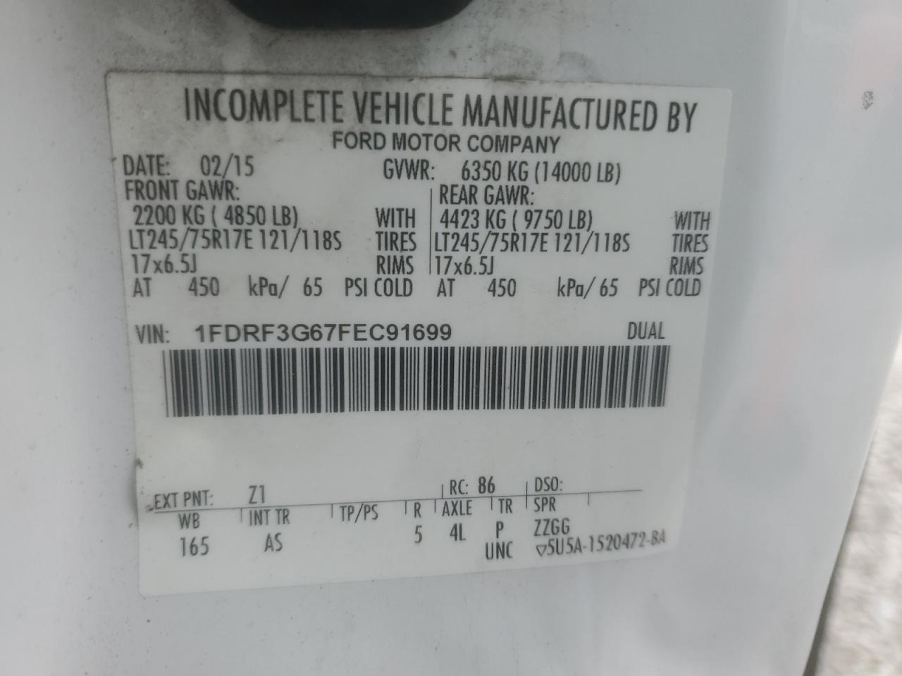 2015 Ford F350 Super Duty VIN: 1FDRF3G67FEC91699 Lot: 90969995