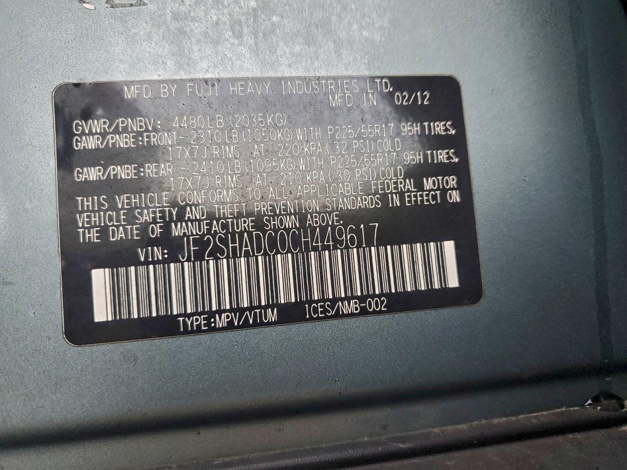 2012 Subaru Forester 2.5X Premium VIN: JF2SHADC0CH449617 Lot: 93960685