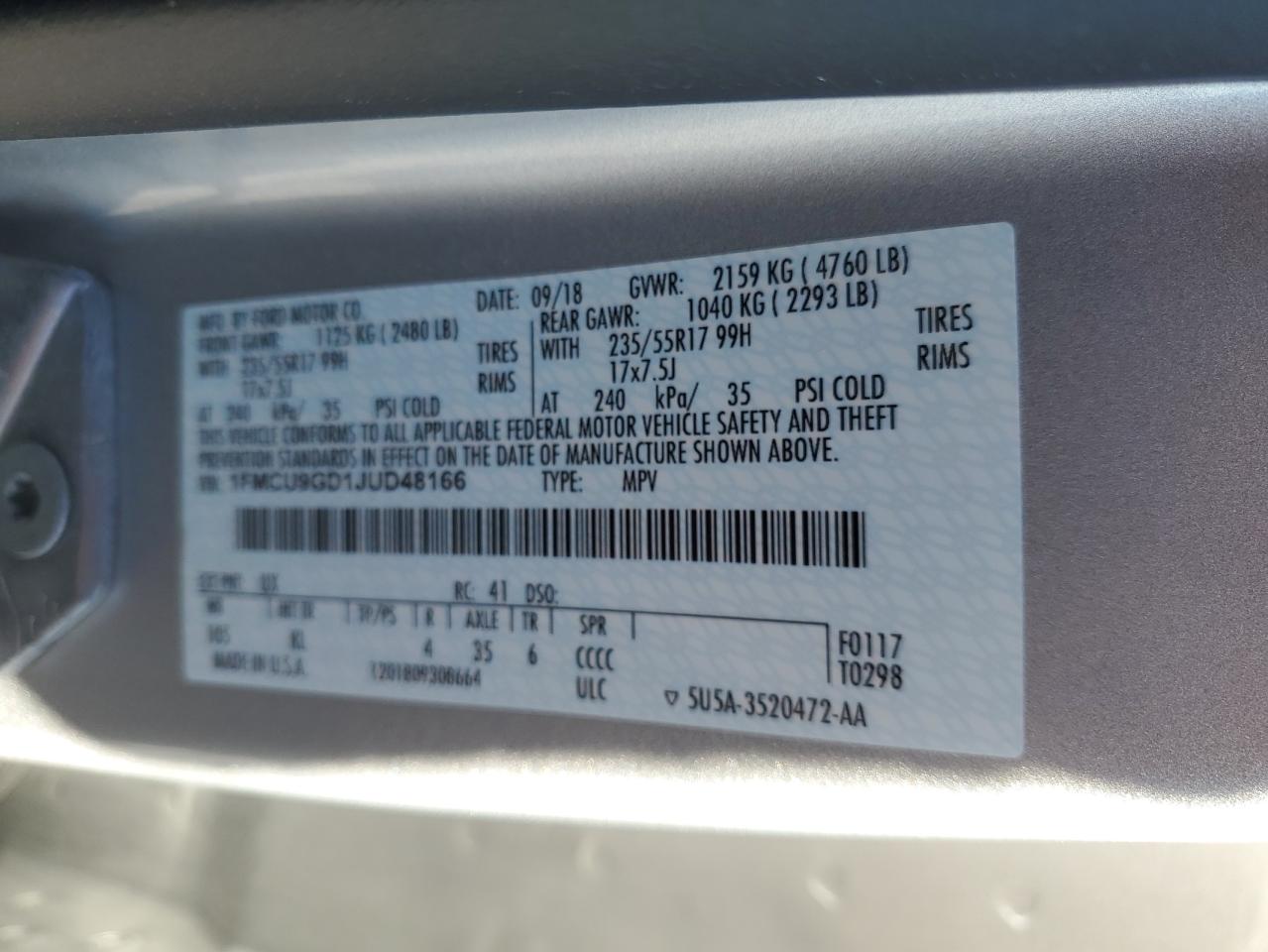 2018 Ford Escape Se VIN: 1FMCU9GD1JUD48166 Lot: 91788265