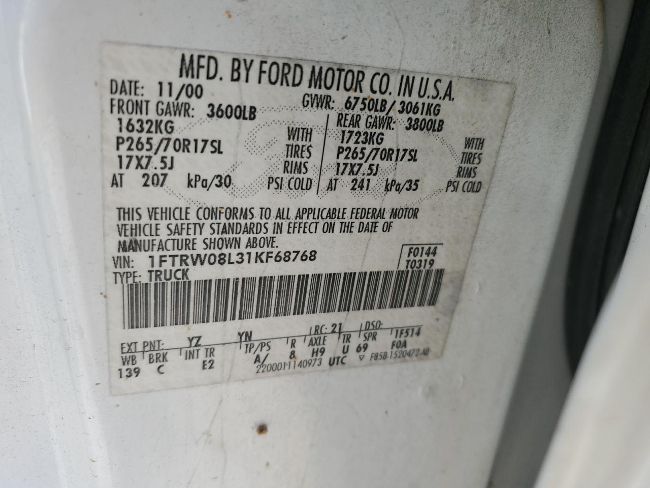 2001 Ford F150 Supercrew VIN: 1FTRW08L31KF68768 Lot: 91656485