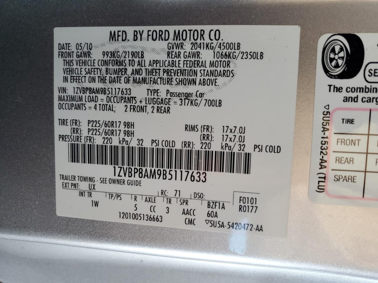 2011 Ford Mustang VIN: 1ZVBP8AM9B5117633 Lot: 91819695