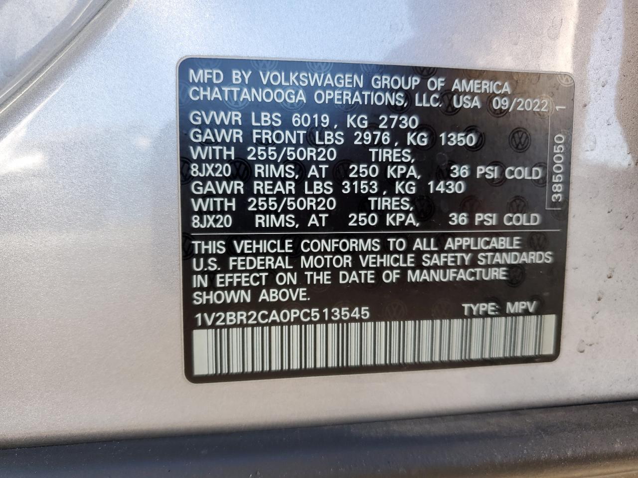 2023 Volkswagen Atlas Sel VIN: 1V2BR2CA0PC513545 Lot: 92368355