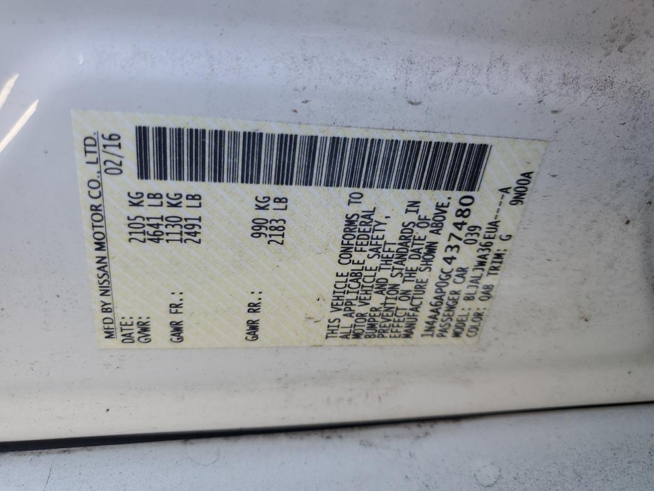 2016 Nissan Maxima 3.5S VIN: 1N4AA6AP0GC437480 Lot: 93566425