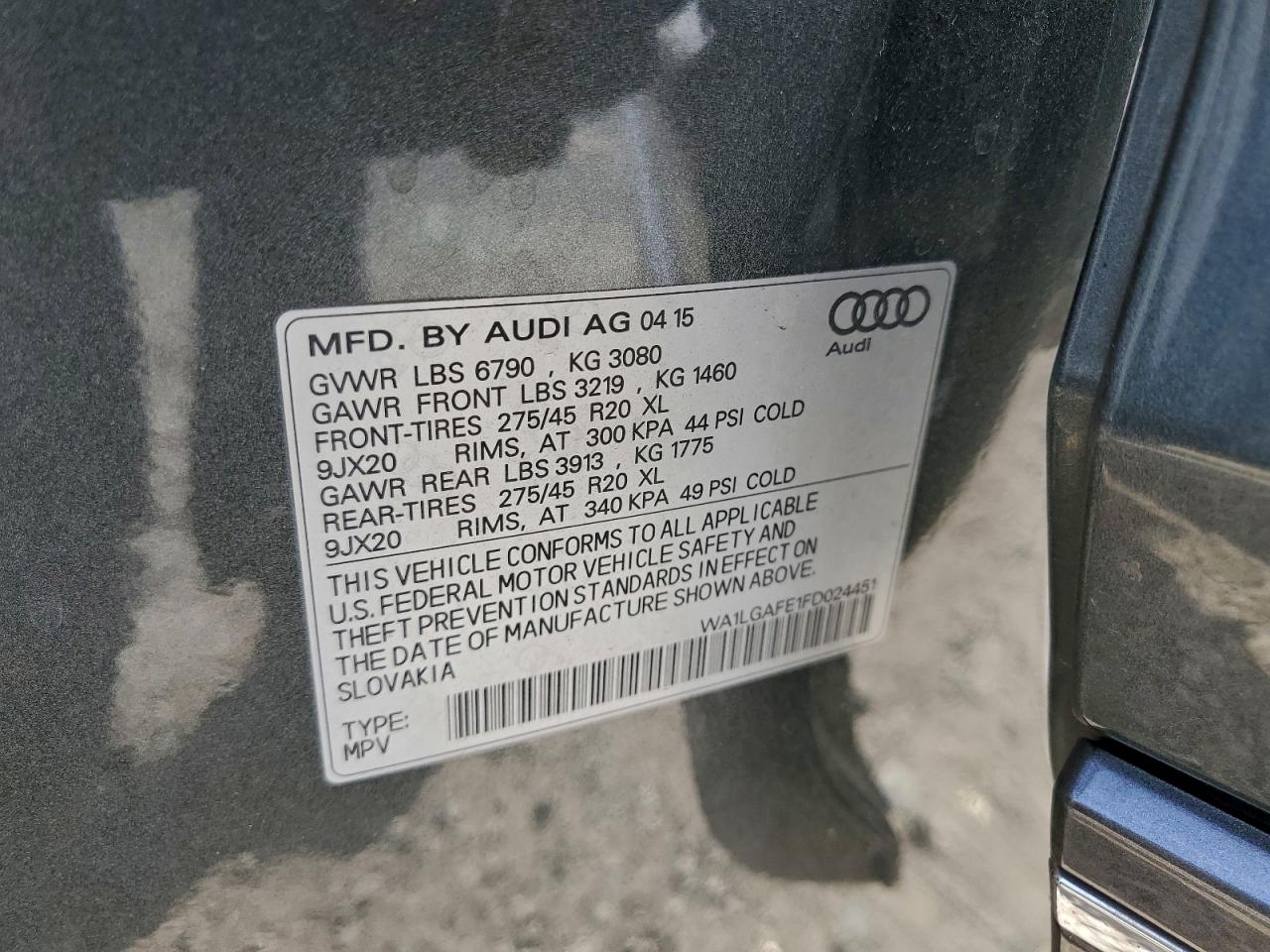 2015 Audi Q7 Premium Plus VIN: WA1LGAFE1FD024451 Lot: 93864295