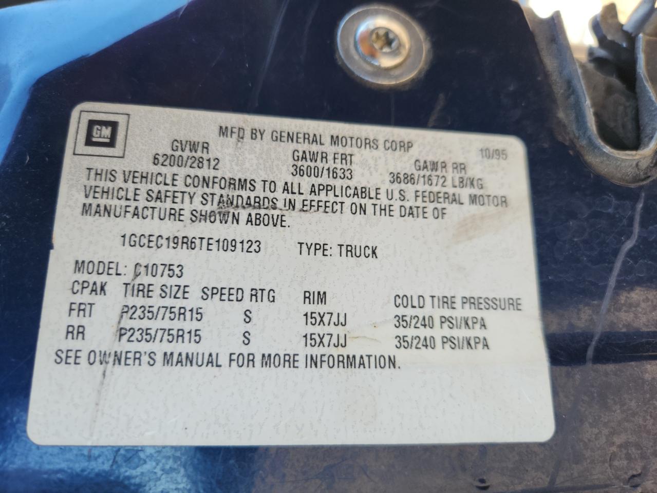 1996 Chevrolet Gmt-400 C1500 VIN: 1GCEC19R6TE109123 Lot: 93271235