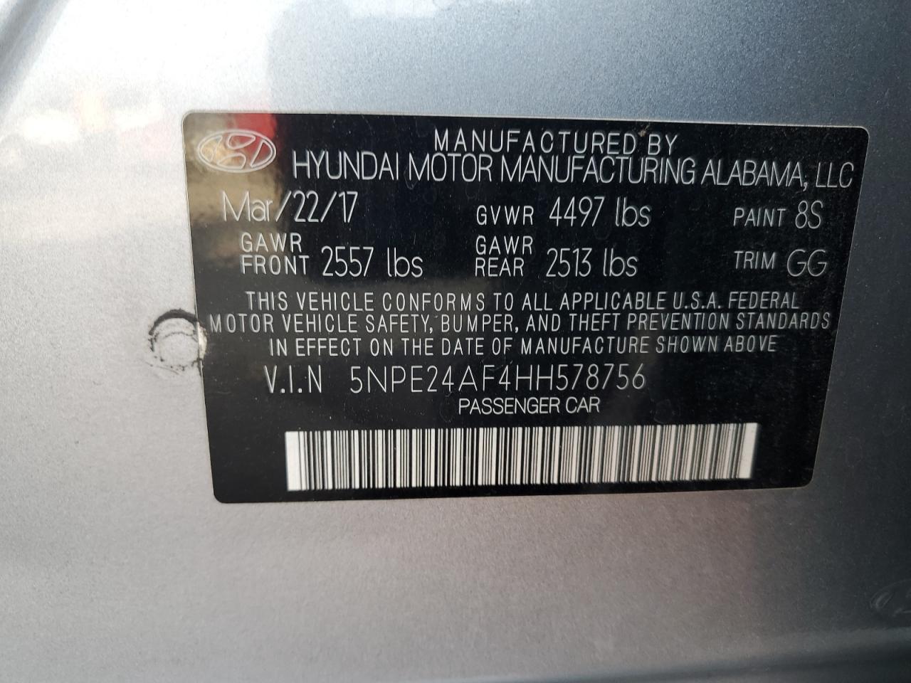 2017 Hyundai Sonata Se VIN: 5NPE24AF4HH578756 Lot: 92462365