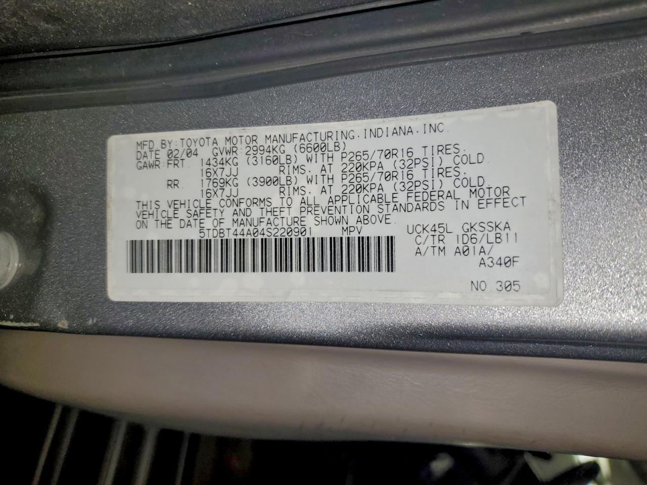 2004 Toyota Sequoia Sr5 VIN: 5TDBT44A04S220901 Lot: 91887385