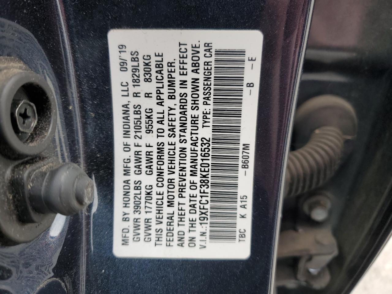 2019 Honda Civic Ex VIN: 19XFC1F38KE016532 Lot: 92072995