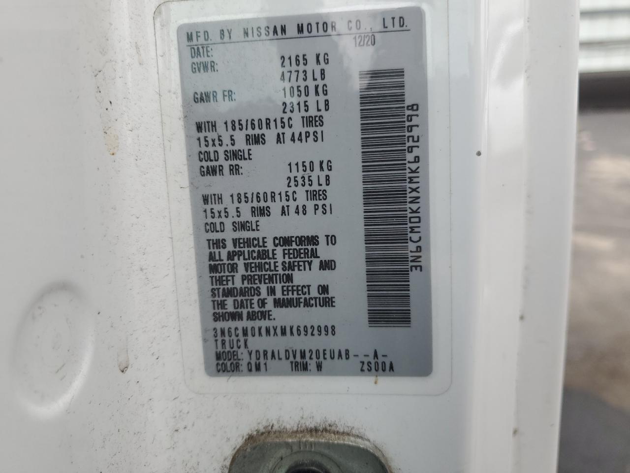 2021 Nissan Nv200 Utility / Service Van VIN: 3N6CM0KNXMK692998 Lot: 91470585