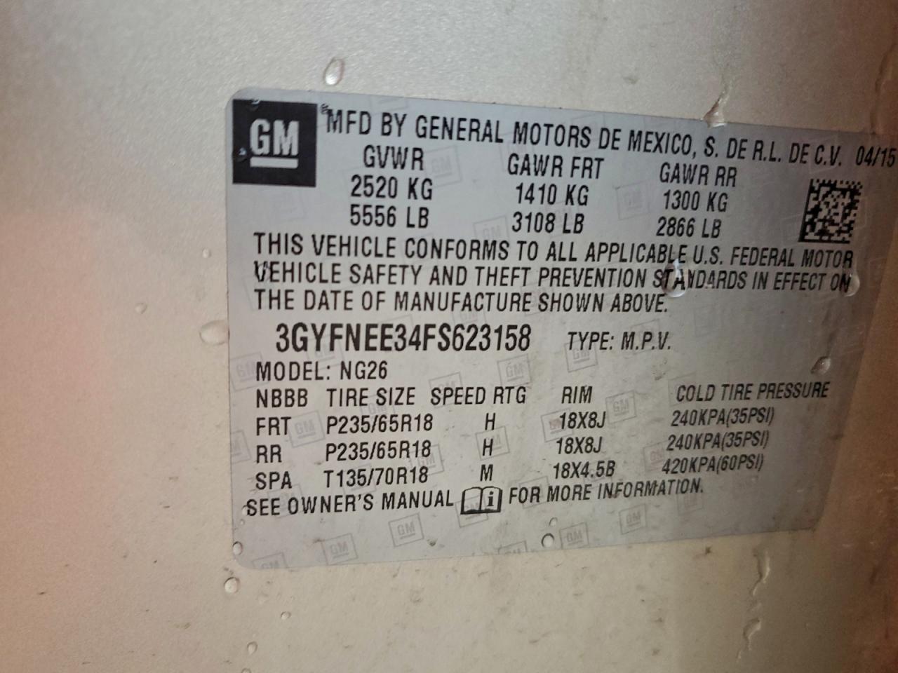 2015 Cadillac Srx Luxury Collection VIN: 3GYFNEE34FS623158 Lot: 93541855