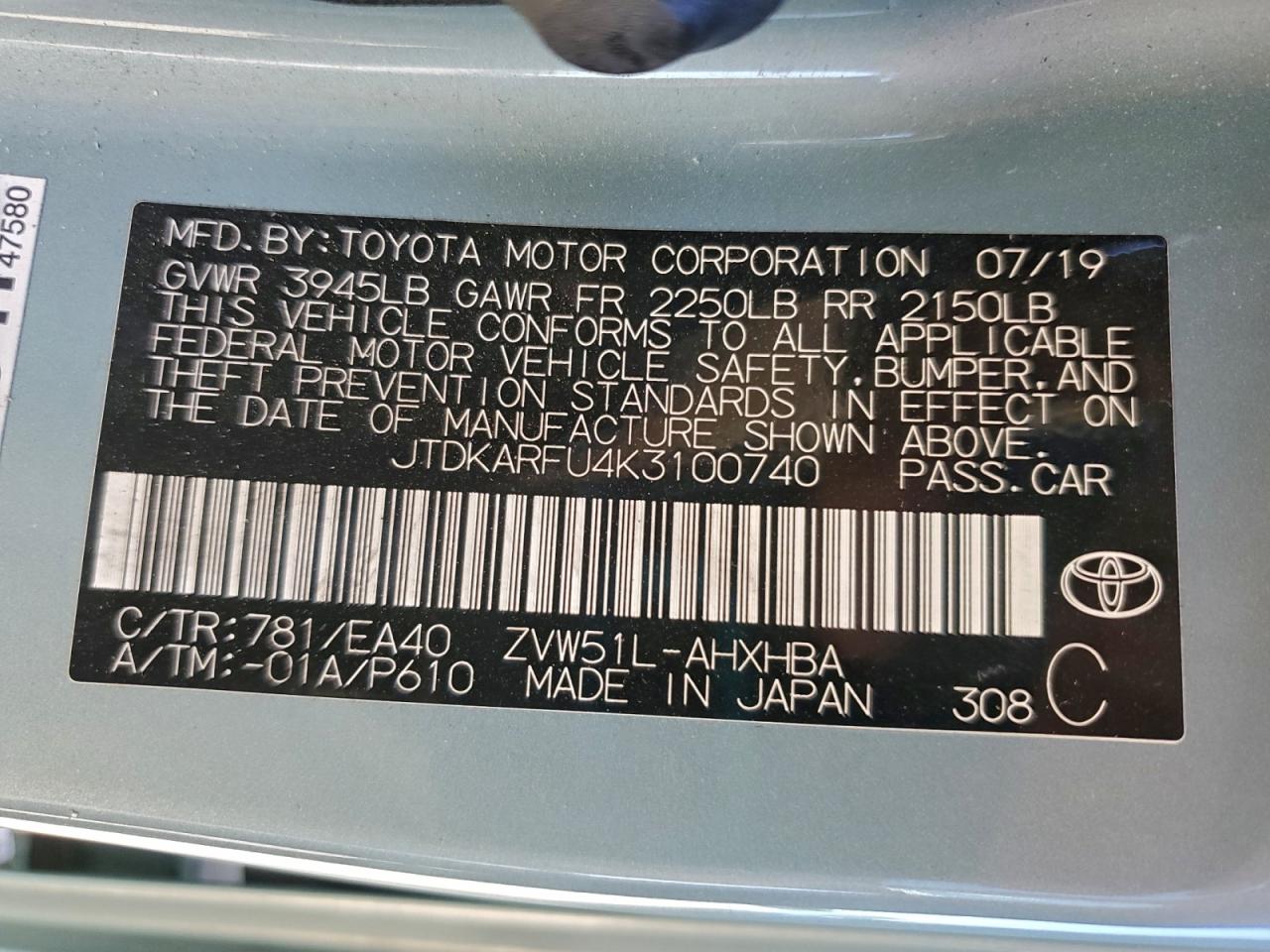 2019 Toyota Prius VIN: JTDKARFU4K3100740 Lot: 94530525