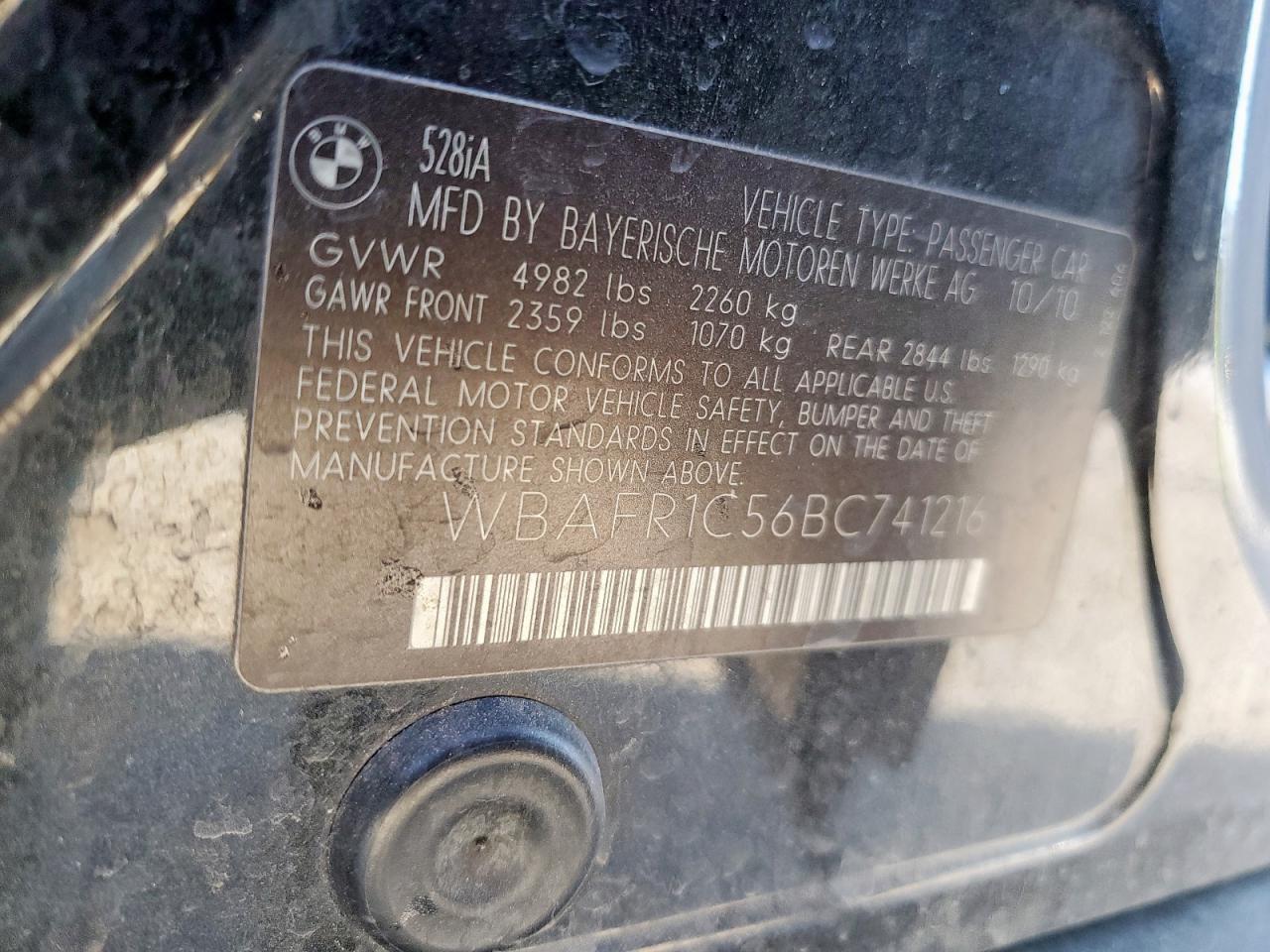 2011 BMW 528 I VIN: WBAFR1C56BC741216 Lot: 91683075