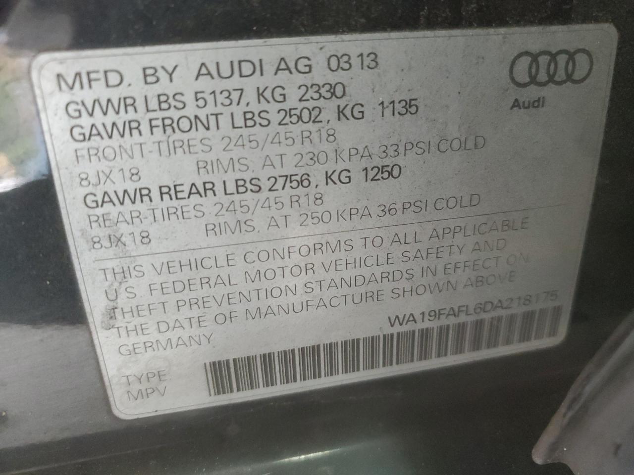 2013 Audi A4 Allroad Premium VIN: WA19FAFL6DA218175 Lot: 93229205