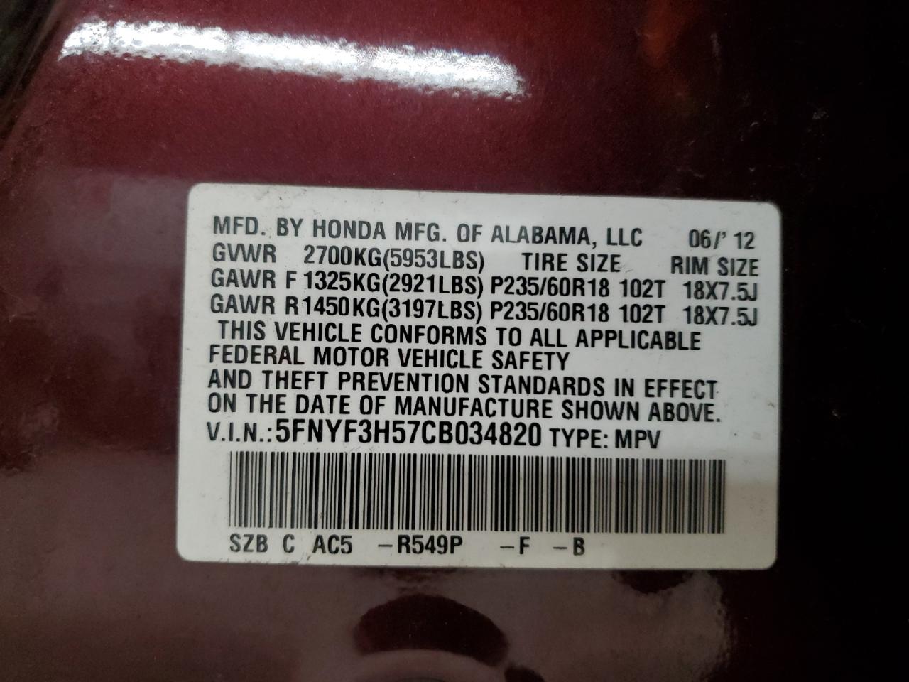 2012 Honda Pilot Exl VIN: 5FNYF3H57CB034820 Lot: 90595485