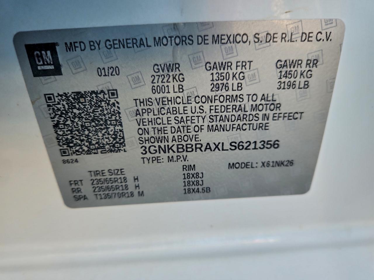 2020 Chevrolet Blazer 1Lt VIN: 3GNKBBRAXLS621356 Lot: 94600495