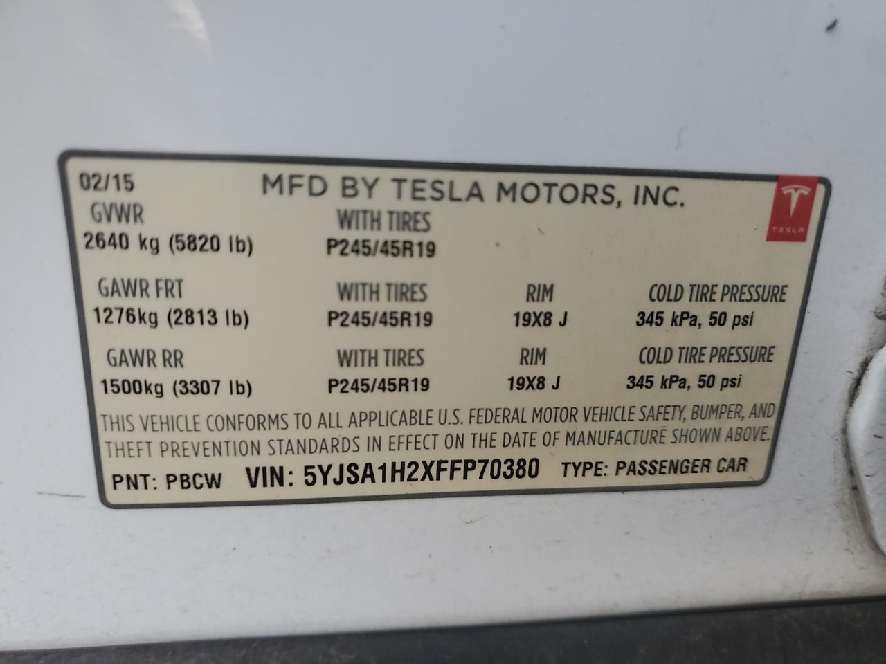 2015 Tesla Model S 85D VIN: 5YJSA1H2XFFP70380 Lot: 93259485