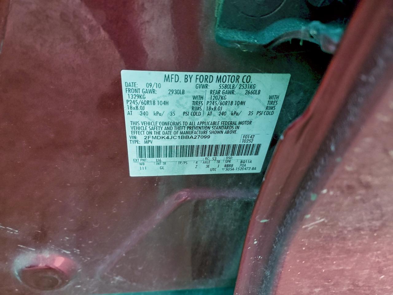 2011 Ford Edge Sel VIN: 2FMDK4JC1BBA27099 Lot: 93282805