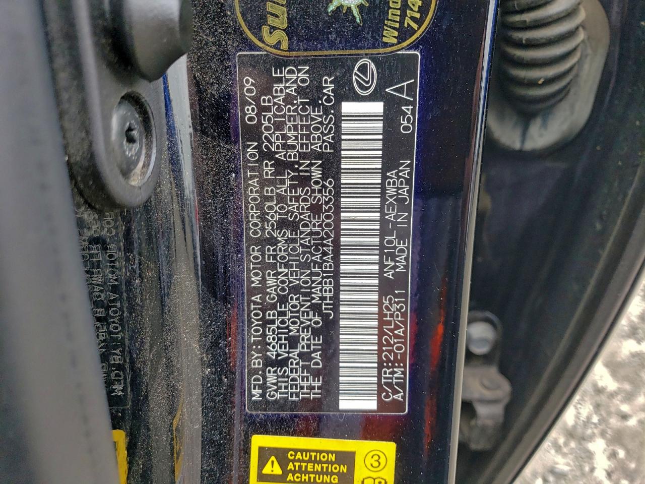 2010 Lexus Hs 250H VIN: JTHBB1BA4A2003356 Lot: 94322155