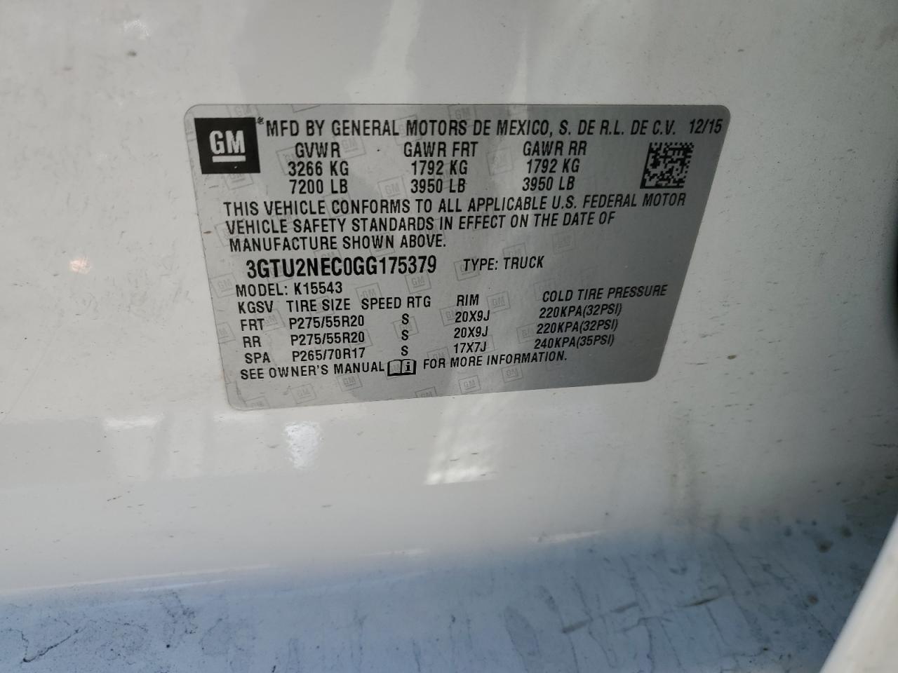 2016 GMC Sierra K1500 Slt VIN: 3GTU2NEC0GG175379 Lot: 91688285