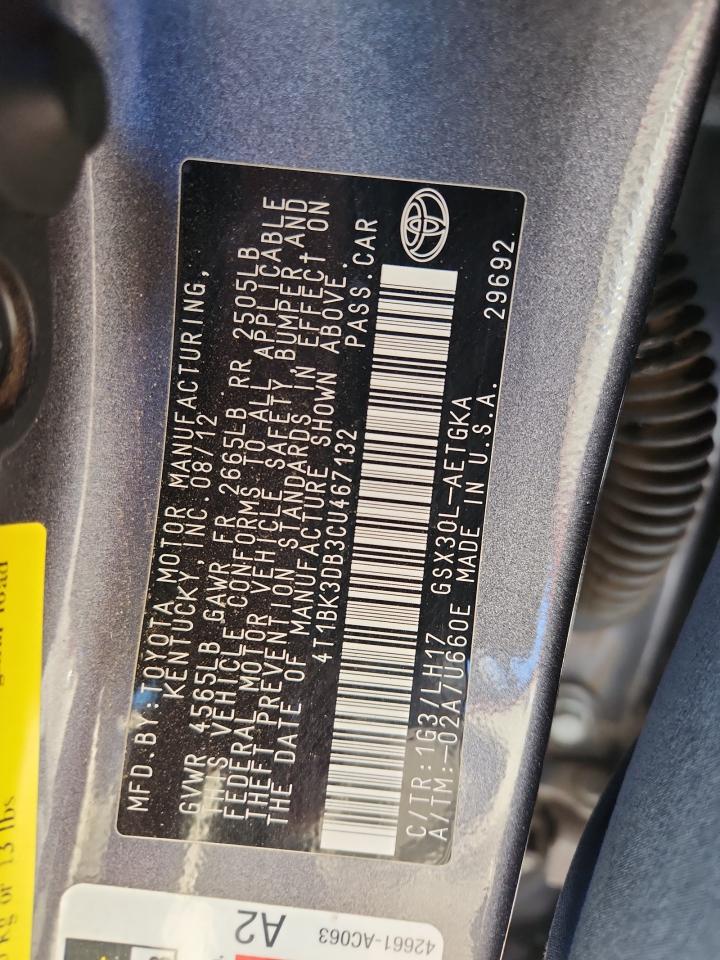 2012 Toyota Avalon Base VIN: 4T1BK3DB3CU467132 Lot: 91239105