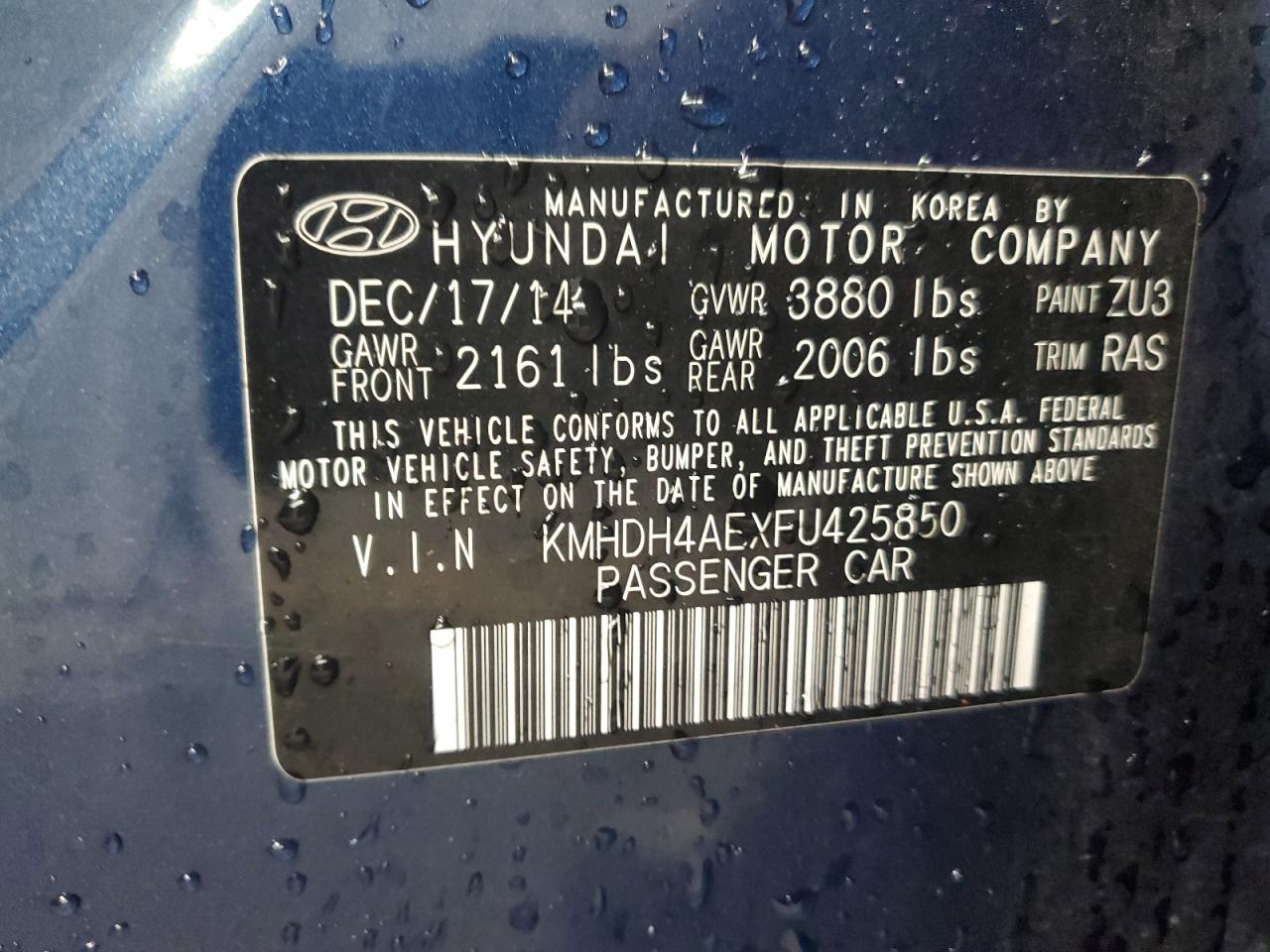 2015 Hyundai Elantra Se VIN: KMHDH4AEXFU425850 Lot: 92498135